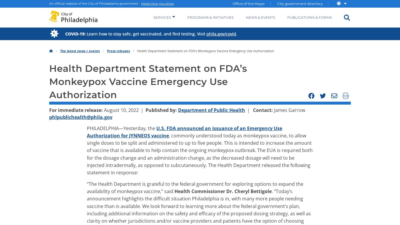 Health Department Statement on FDA’s Monkeypox Vaccine Emergency Use ...